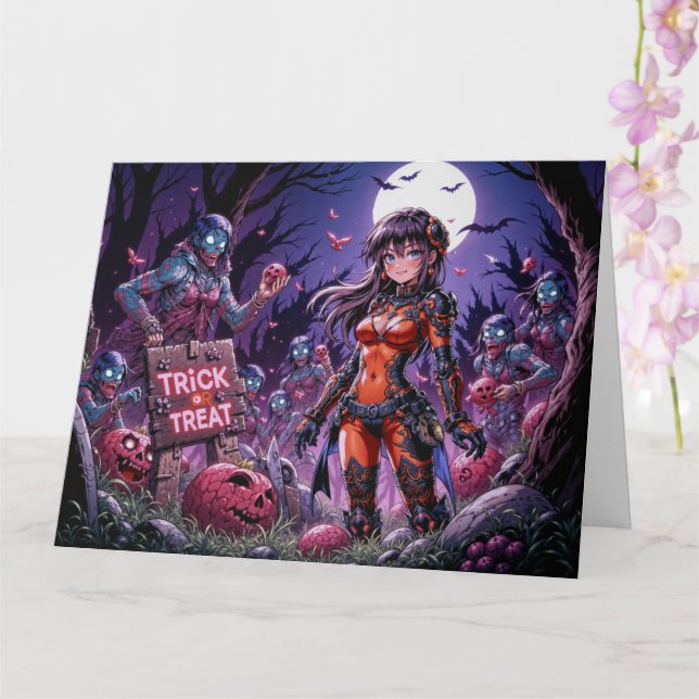 Tarjeta Truco o Trato Zombies de Halloween repartiendo Cer (Orquídea)