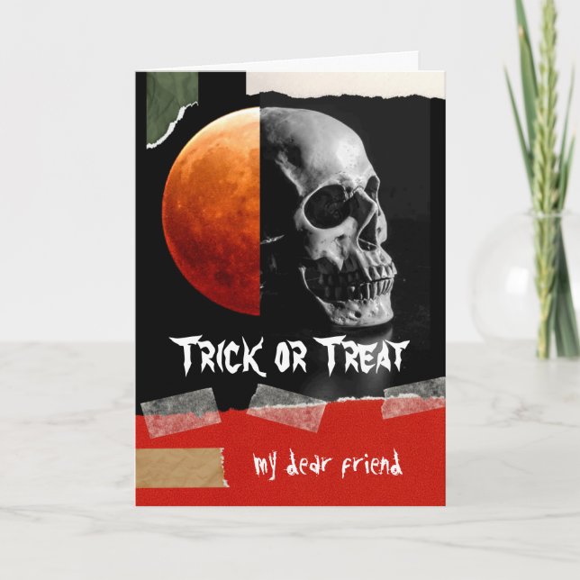 Tarjeta Truco o truco para el cráneo de Halloween amigo (Anverso)