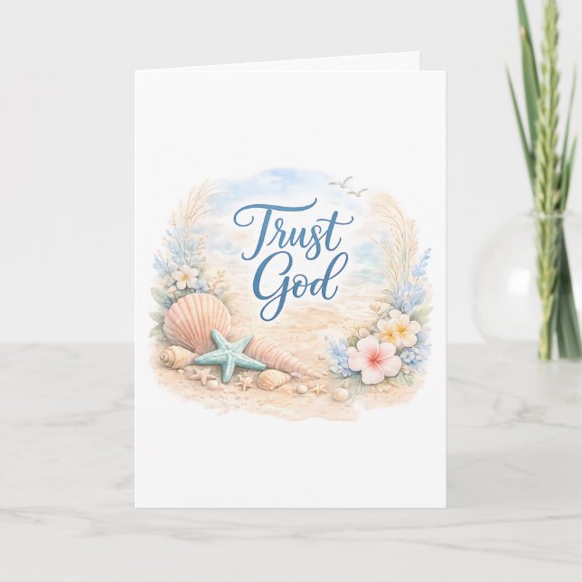 Tarjeta "Trust God" Coastal Beach Watercolor Christian (Anverso)