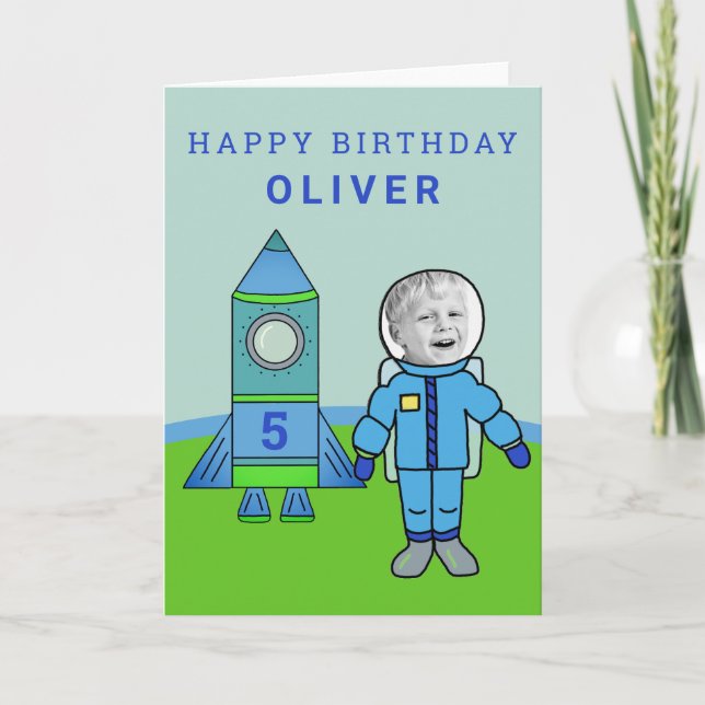 Tarjeta Tu Foto Lindo Niño Astronauta Cohete Cumpleaños (Anverso)