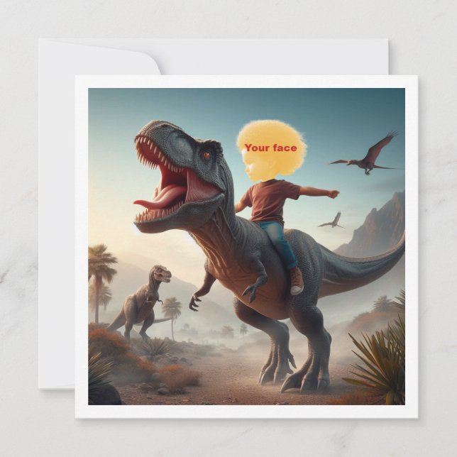 Tarjeta Tu hijo montando un T-rex, pon mi cara en la tarje (Anverso)