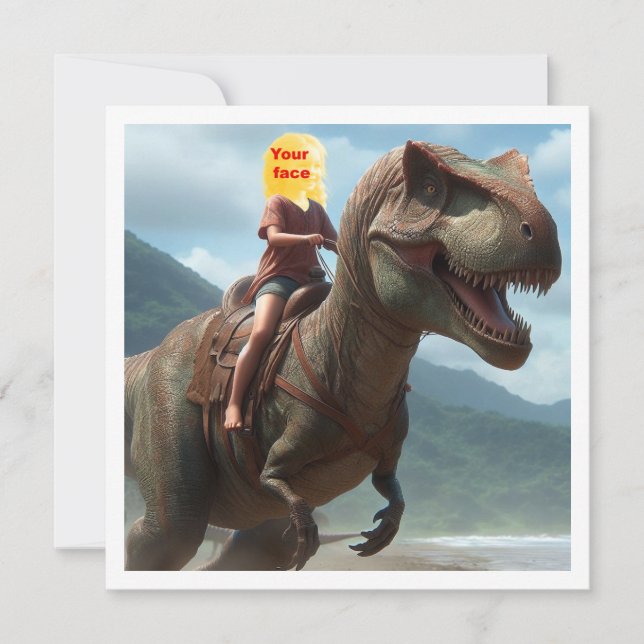 Tarjeta Tu hijo montando una T-rex, pon mi cara en la tarj (Anverso)
