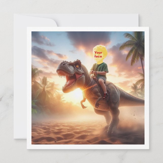 Tarjeta Tu hijo montando una T-rex, pon mi cara en la tarj (Anverso)
