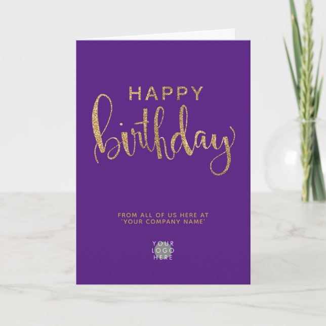 Tarjeta Tu logo Purple Elegant Faux Gold Feliz cumpleaños (Anverso)