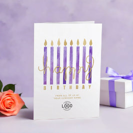 Tarjeta Tu logo Velas Púrpura Negocios Feliz Cumpleaños