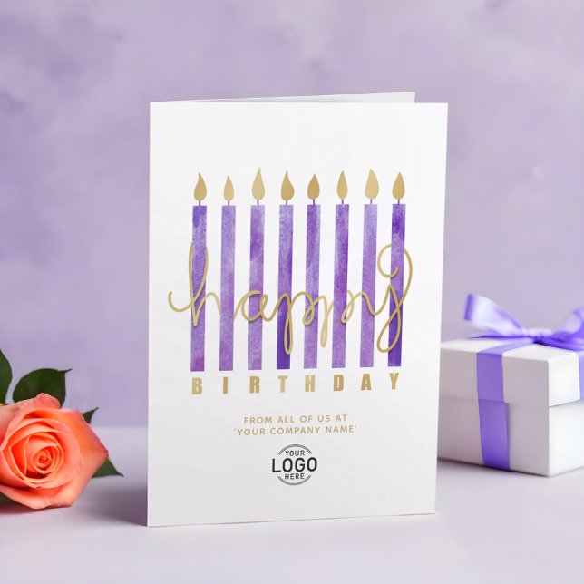 Tarjeta Tu logo Velas Púrpura Negocios Feliz Cumpleaños (Subido por el creador)