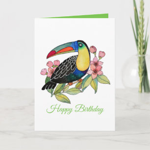 Tarjeta Tucán pájaro acuarela con flores