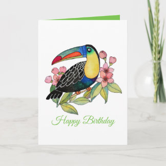 Tarjeta Tucán pájaro acuarela con flores