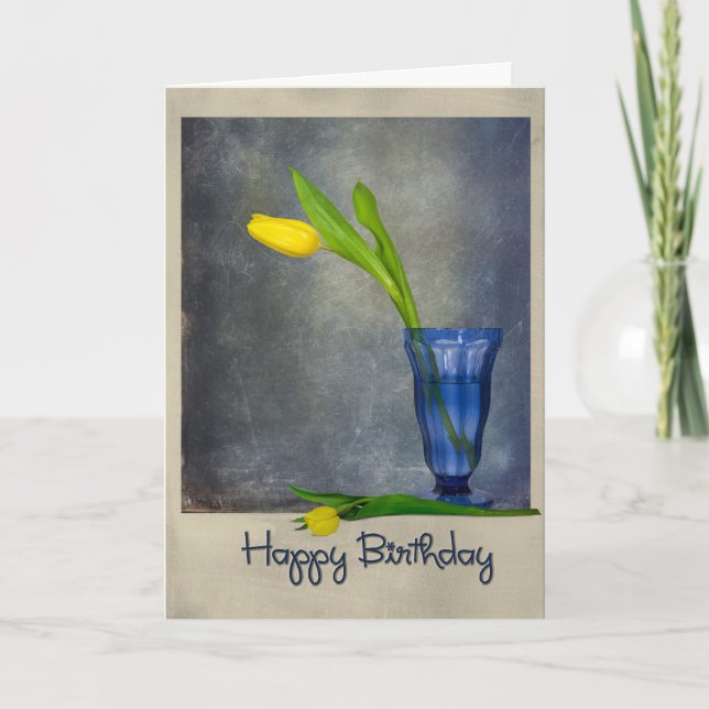Tarjeta tulipán amarillo de cumpleaños en vidrio azul (Anverso)