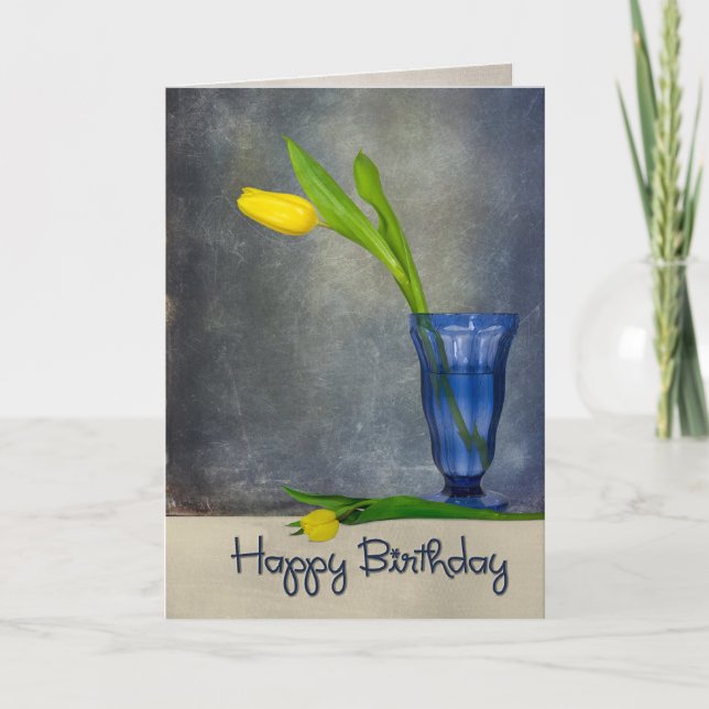 Tarjeta tulipán amarillo de cumpleaños en vidrio azul (Anverso)