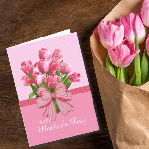 Tarjeta Tulipán Rosa Elegante Retro con Cinta Día de la Ma