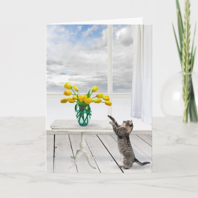 Tarjeta Tulipanes amarillos y cumpleaños del gato (Anverso)