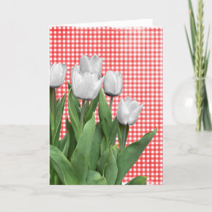 Tarjeta Tulipanes blancos en el cumpleaños de Gingham