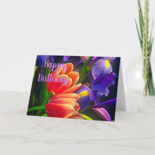Tarjeta Tulipanes coloridos y flores de iris Deseos de cum