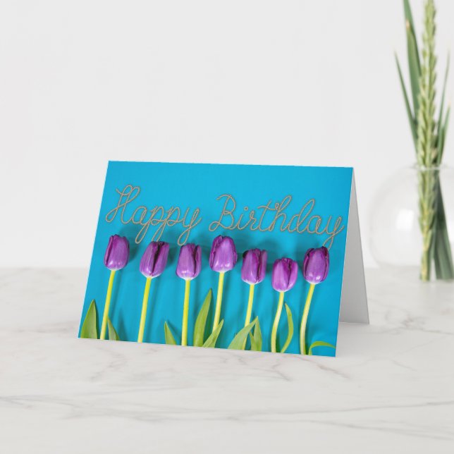 Tarjeta tulipanes de cumpleaños púrpura (Anverso)
