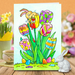 Tarjeta Tulipanes de Pascua con saludo de conejito