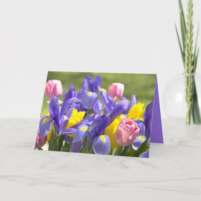 Tarjeta Tulipanes e Irises Flores en Blanco Dentro (Anverso)