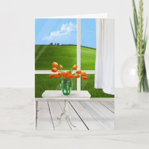 Tarjeta Tulipanes naranjas en mesa