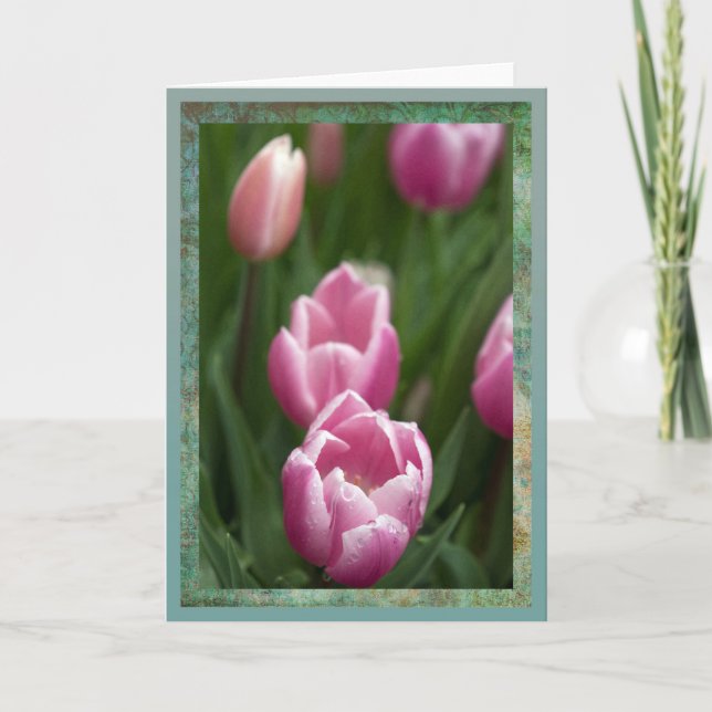 Tarjeta Tulipanes rosados con gotas de lavado (Anverso)