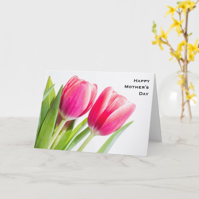 Tarjeta Tulipanes rosados con hojas verdes foto cumpleaños (flor amarilla)