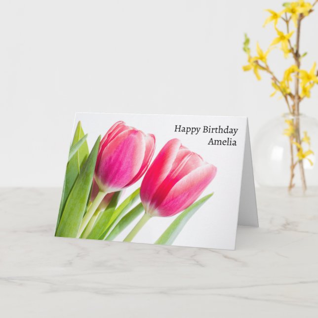 Tarjeta Tulipanes rosados con hojas verdes foto cumpleaños (flor amarilla)