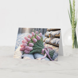 Tarjeta Tulipanes rosados de cumpleaños en un banco de nie