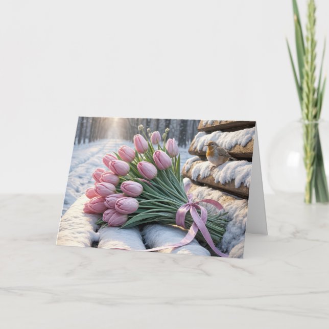Tarjeta Tulipanes rosados de cumpleaños en un banco de nie (Anverso)