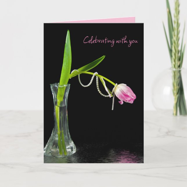 Tarjeta Tulipanes rosados y perlas de cumpleaños (Anverso)