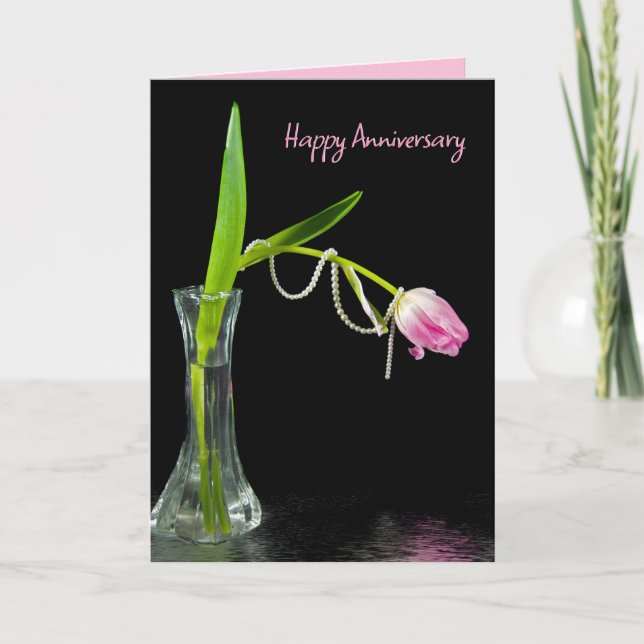 Tarjeta Tulipanes rosados y perlas en aniversario (Anverso)