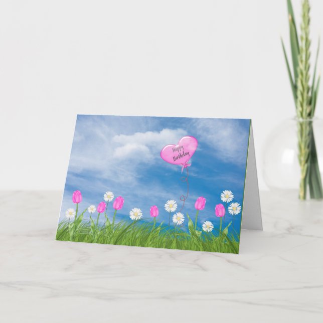 Tarjeta tulipanes y margaritas en cumpleaños de hierba (Anverso)