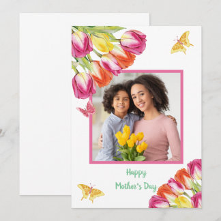 Tarjeta Tulipanes y mariposas Día de la Madre foto blanca