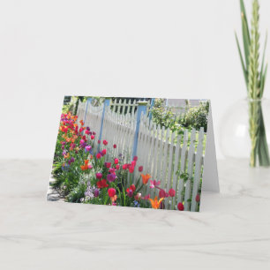 Tarjeta Tulips Garden Along White Picket Fence
