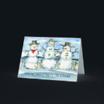 Tarjeta Tumbleweed Snowman Feliz Navidad<br><div class="desc">Tarjeta de saludo festivo con tres muñecos de nieve hechos de algas tumbas con gorras de vaquero,  bufandas y acentos de hoja con montañas nevadas a la distancia ilustradas con tinta y acuarela.</div>