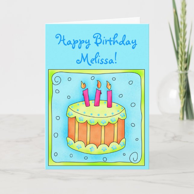 Tarjeta turquesa de tercer cumpleaños con pastel (Anverso)