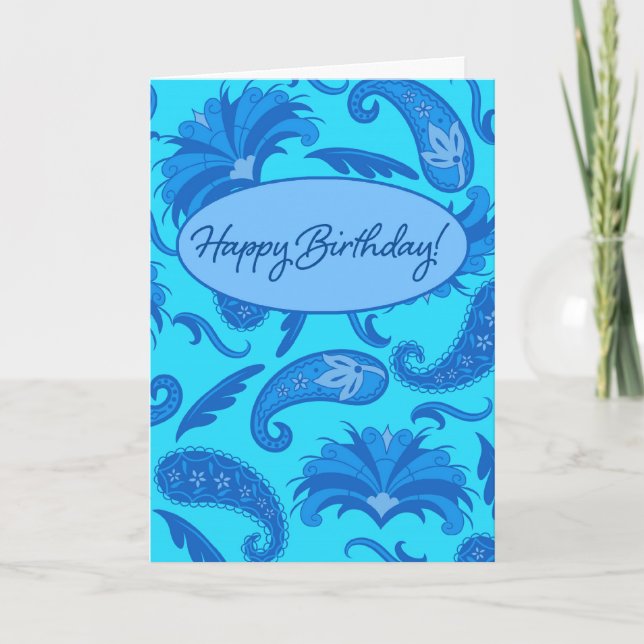 Tarjeta Turquesa y Azul Paisley Parisino Feliz Cumpleaños (Anverso)