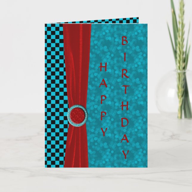 Tarjeta Turquoise Black Checks y Red Happy Birthday (Anverso)