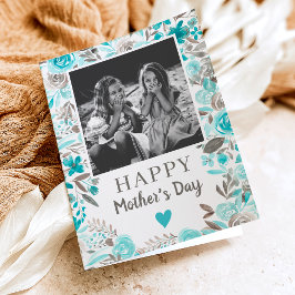 Tarjeta Turquoise Floral acuarela poema foto Día de la Mad
