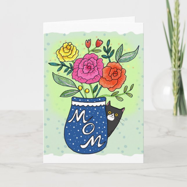 Tarjeta Tuxedo Cat and Flowers Custom Text Mother's Day (Anverso)