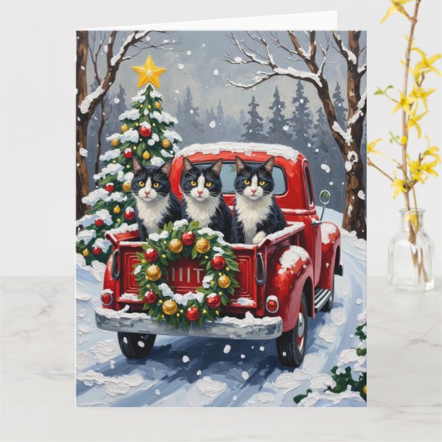 Tarjeta Tuxedo Cat Christmas Red Truck Holiday (flor amarilla)