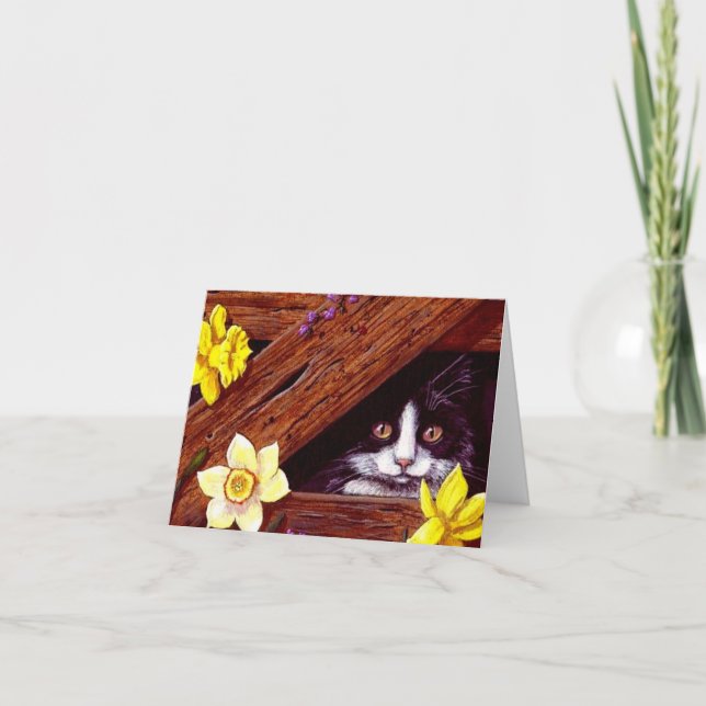 Tarjeta Tuxedo Cat Daffodils Art Creationarts (Anverso)