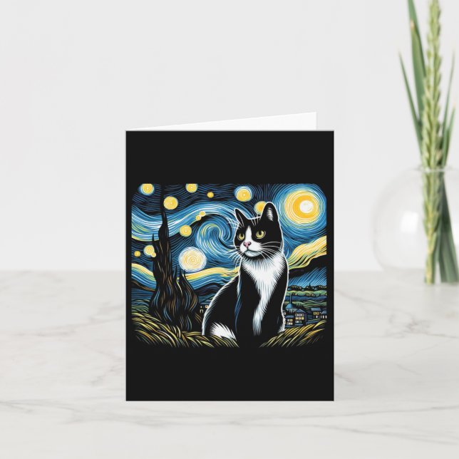Tarjeta Tuxedo Cat Starry Night Pintura Tuxedo Cat Dueño (Anverso)