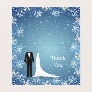 Tarjeta Tuxedo, vestido, copos de nieve en azul Gracias