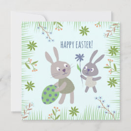 Tarjeta Twee paashaasjes met ei en bloem.