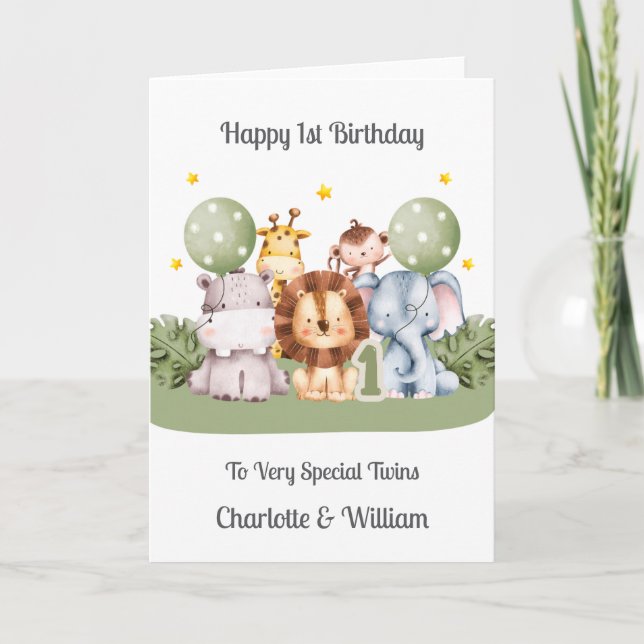 Tarjeta Twins 1st Birthday Safari Leaf Animals Card (Anverso)
