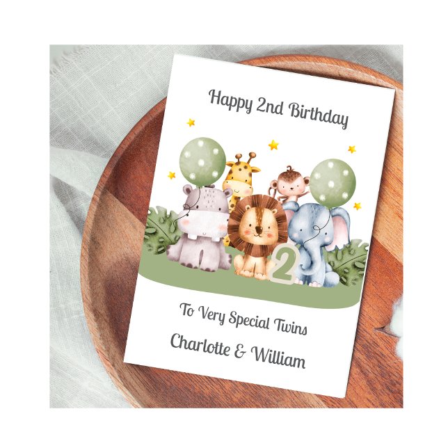 Tarjeta Twins 2nd Birthday Safari Leaf Animals Card (Subido por el creador)