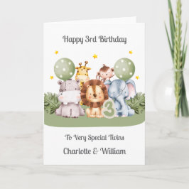 Tarjeta Twins 3rd Birthday Safari Leaf Animals Card