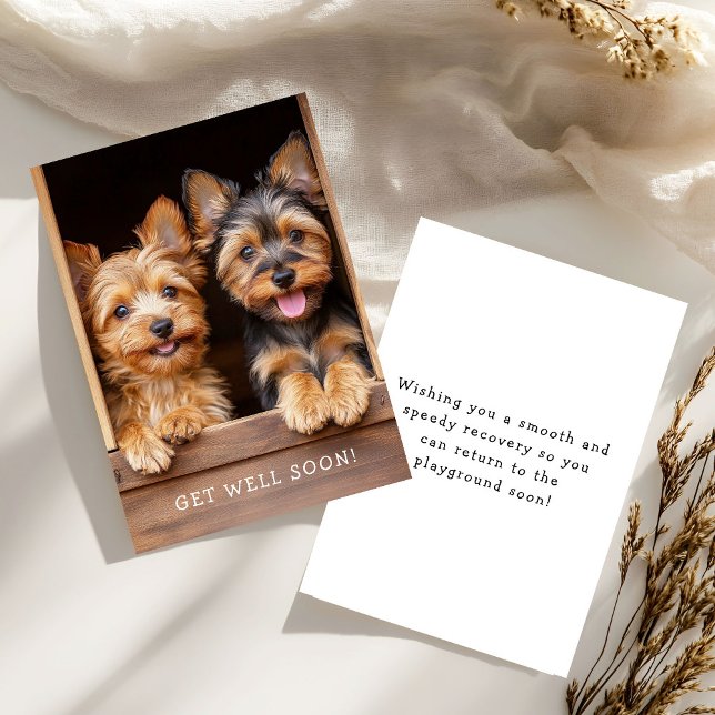 Tarjeta Two Cute Playful Yorkies Get Well Soon (Subido por el creador)