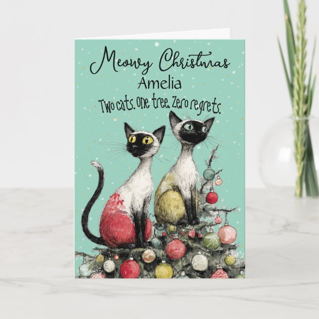 Tarjeta Two Siamese Cats on Christmas Tree Christmas Card (Anverso)