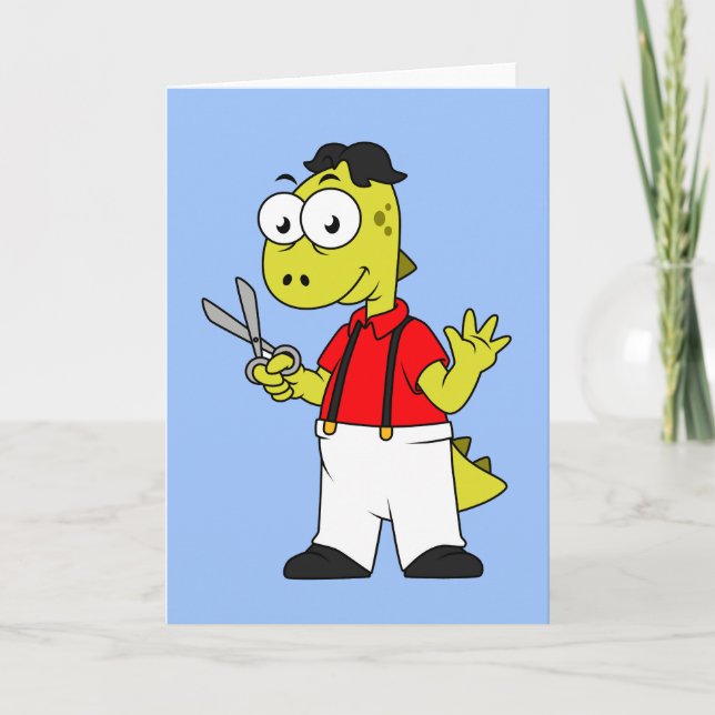 Tarjeta Tyrannosaurus Rex Barber Con Tijeras. (Anverso)