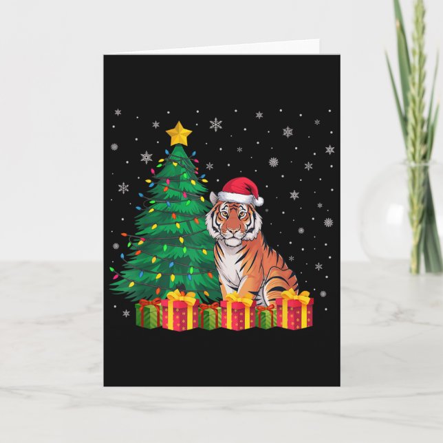 Tarjeta Ugly Bengal Tiger Santa Hat Christmas Tree Lights  (Anverso)